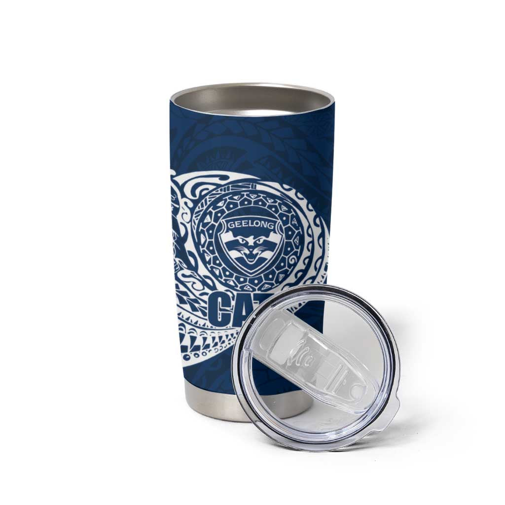 Personalized Geelong Cats Polynesian Tumbler Cup Tribal Chest and Sleeve Tattoo Heritage Warrior