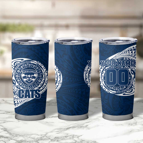 Personalized Geelong Cats Polynesian Tumbler Cup Tribal Chest and Sleeve Tattoo Heritage Warrior