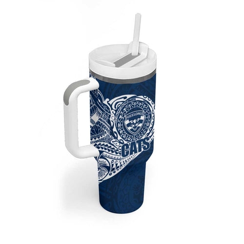 Personalized Geelong Cats Polynesian Tumbler With Handle Tribal Chest and Sleeve Tattoo Heritage Warrior