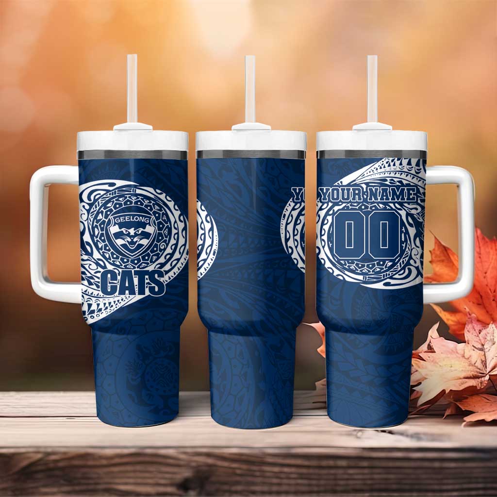 Personalized Geelong Cats Polynesian Tumbler With Handle Tribal Chest and Sleeve Tattoo Heritage Warrior