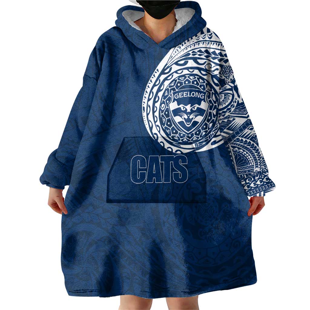 Personalized Geelong Cats Polynesian Wearable Blanket Hoodie Tribal Chest and Sleeve Tattoo Heritage Warrior