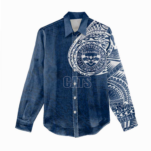 Personalized Geelong Cats Polynesian Women Casual Shirt Tribal Chest and Sleeve Tattoo Heritage Warrior
