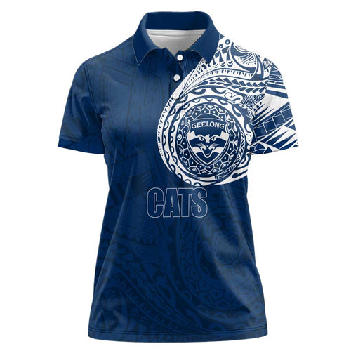 Personalized Geelong Cats Polynesian Women Polo Shirt Tribal Chest and Sleeve Tattoo Heritage Warrior