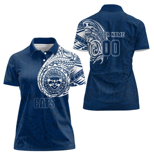 Personalized Geelong Cats Polynesian Women Polo Shirt Tribal Chest and Sleeve Tattoo Heritage Warrior