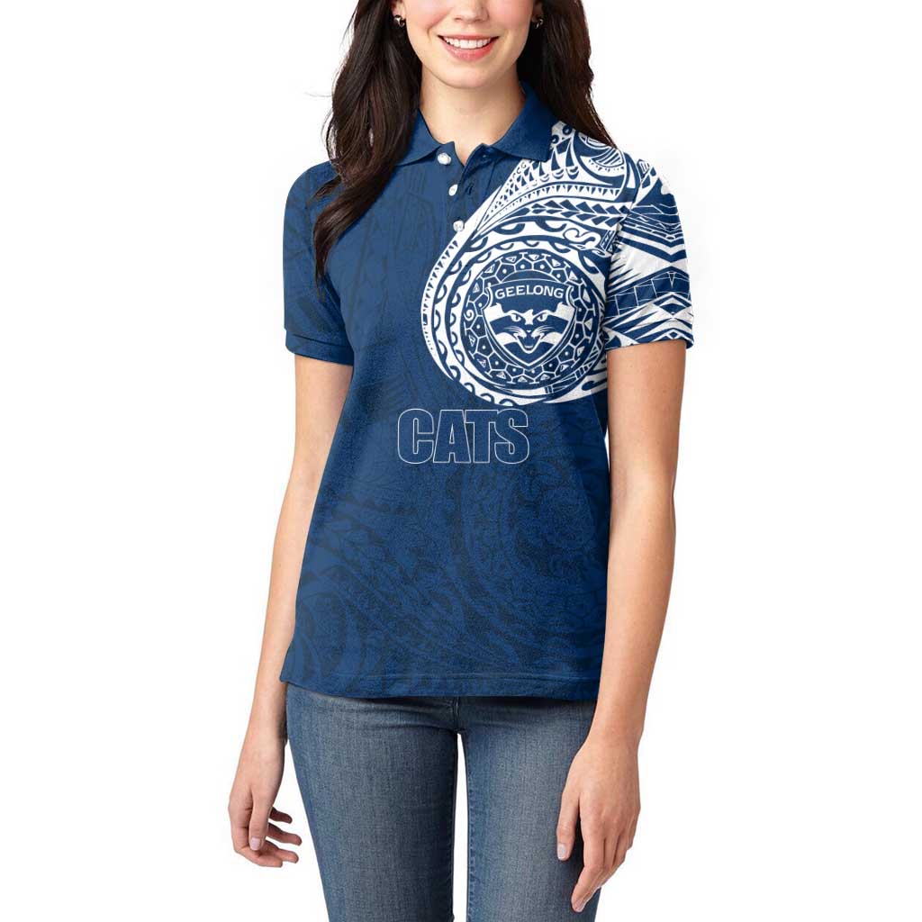 Personalized Geelong Cats Polynesian Women Polo Shirt Tribal Chest and Sleeve Tattoo Heritage Warrior