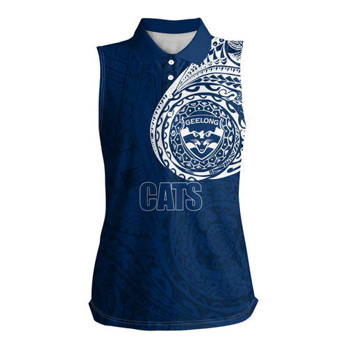 Personalized Geelong Cats Polynesian Women Sleeveless Polo Shirt Tribal Chest and Sleeve Tattoo Heritage Warrior