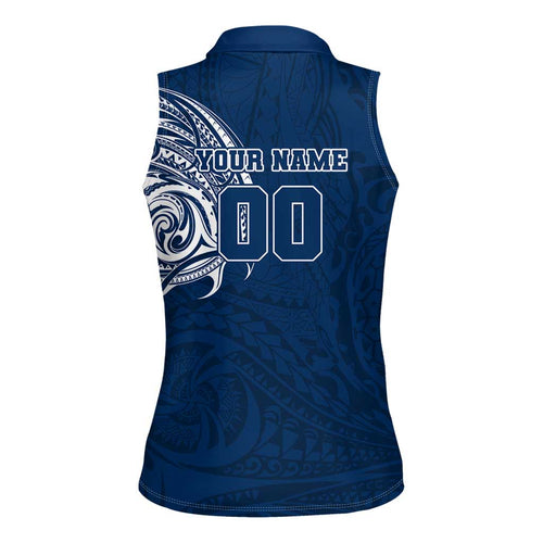 Personalized Geelong Cats Polynesian Women Sleeveless Polo Shirt Tribal Chest and Sleeve Tattoo Heritage Warrior