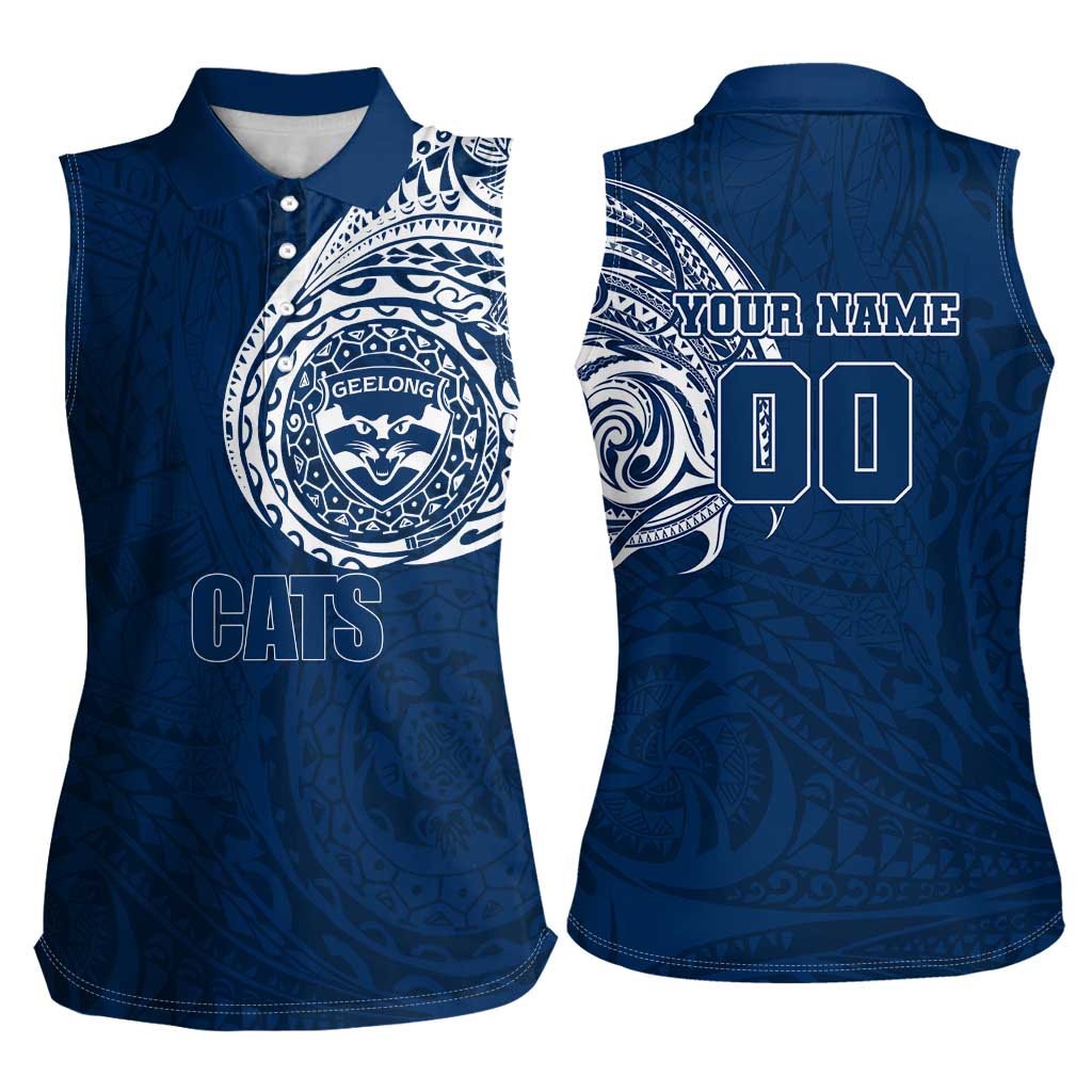 Personalized Geelong Cats Polynesian Women Sleeveless Polo Shirt Tribal Chest and Sleeve Tattoo Heritage Warrior