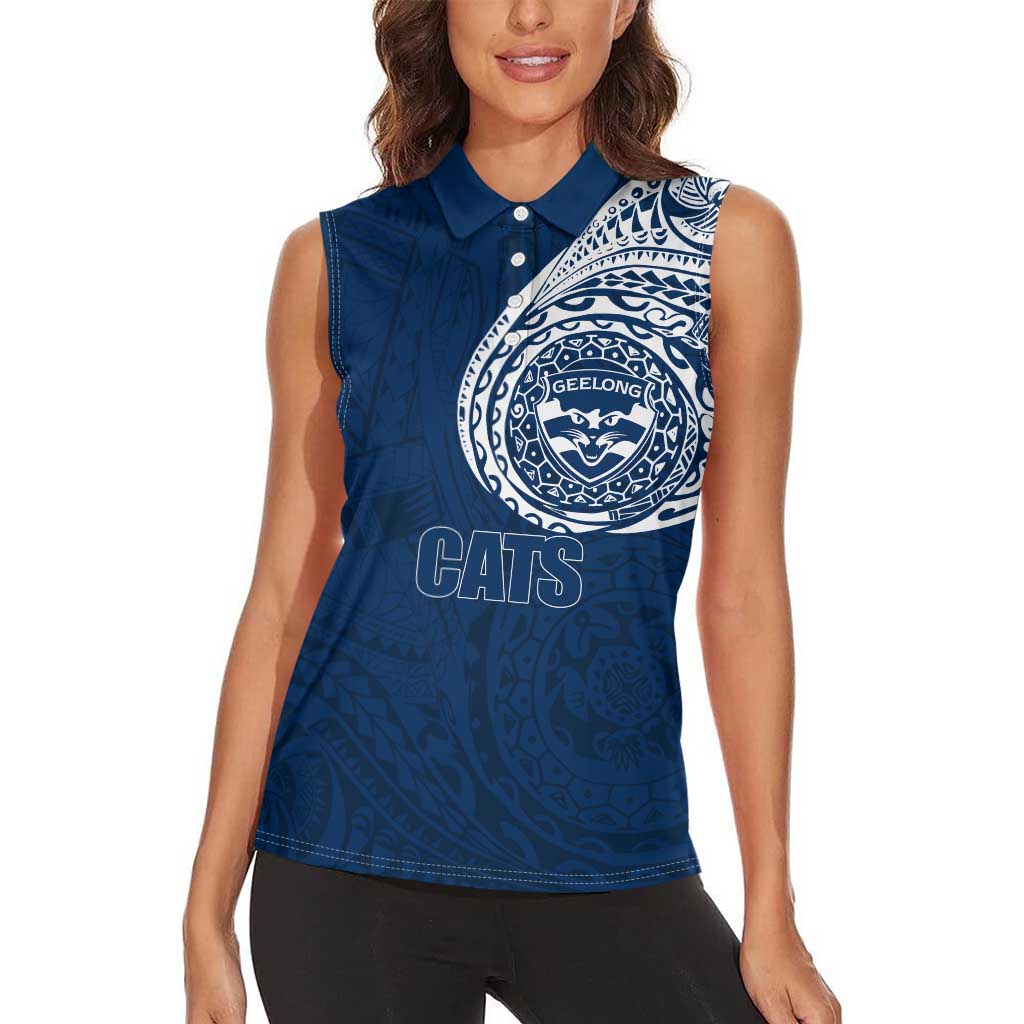 Personalized Geelong Cats Polynesian Women Sleeveless Polo Shirt Tribal Chest and Sleeve Tattoo Heritage Warrior