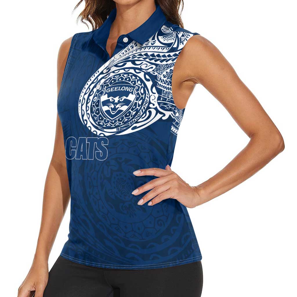 Personalized Geelong Cats Polynesian Women Sleeveless Polo Shirt Tribal Chest and Sleeve Tattoo Heritage Warrior