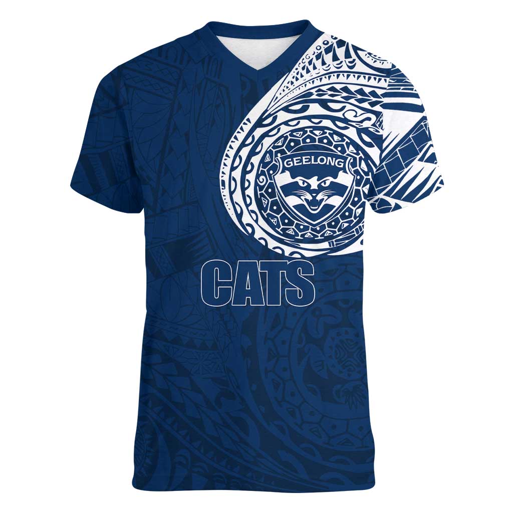 Personalized Geelong Cats Polynesian Women V-Neck T-Shirt Tribal Chest and Sleeve Tattoo Heritage Warrior