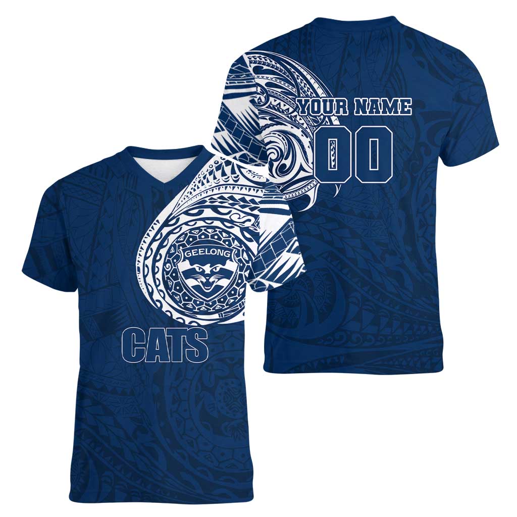 Personalized Geelong Cats Polynesian Women V-Neck T-Shirt Tribal Chest and Sleeve Tattoo Heritage Warrior