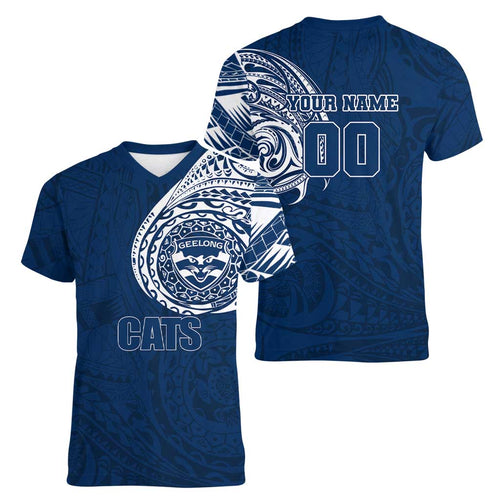 Personalized Geelong Cats Polynesian Women V-Neck T-Shirt Tribal Chest and Sleeve Tattoo Heritage Warrior