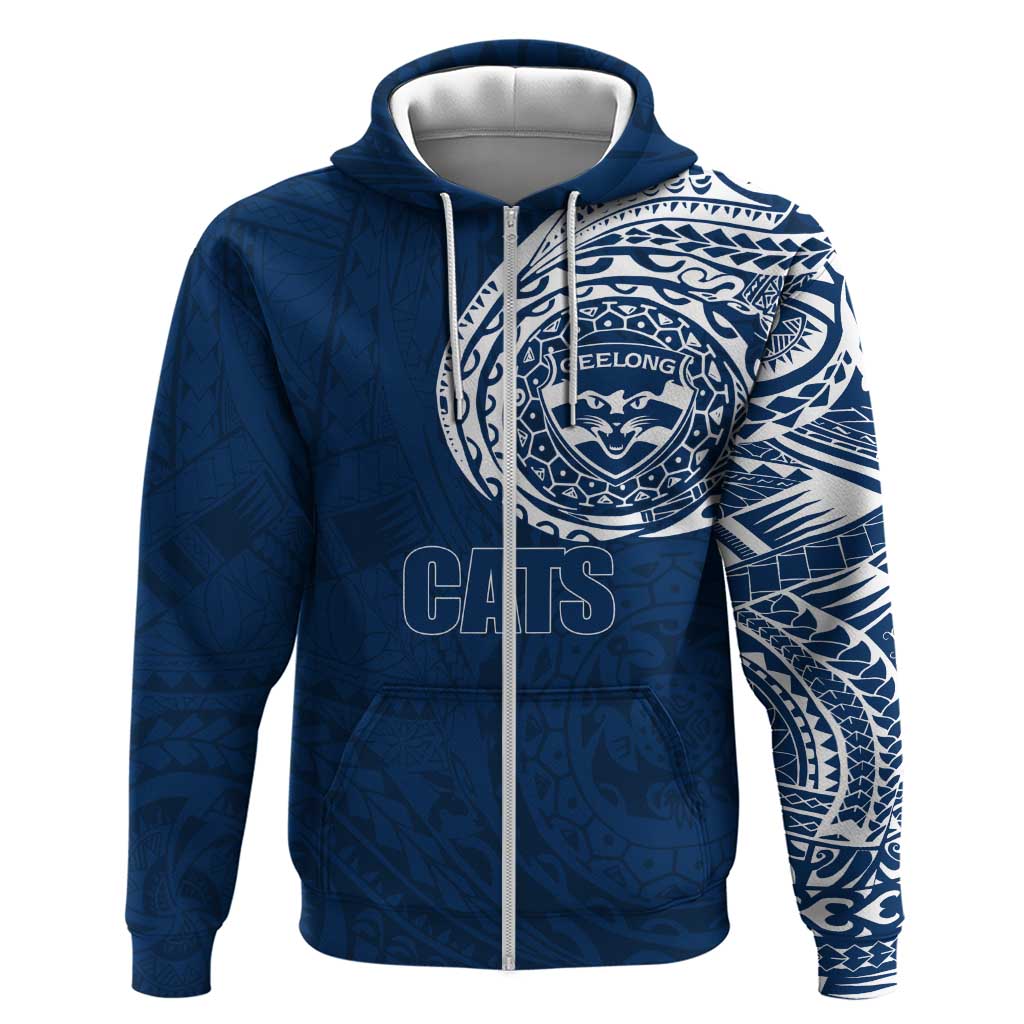 Personalized Geelong Cats Polynesian Zip Hoodie Tribal Chest and Sleeve Tattoo Heritage Warrior