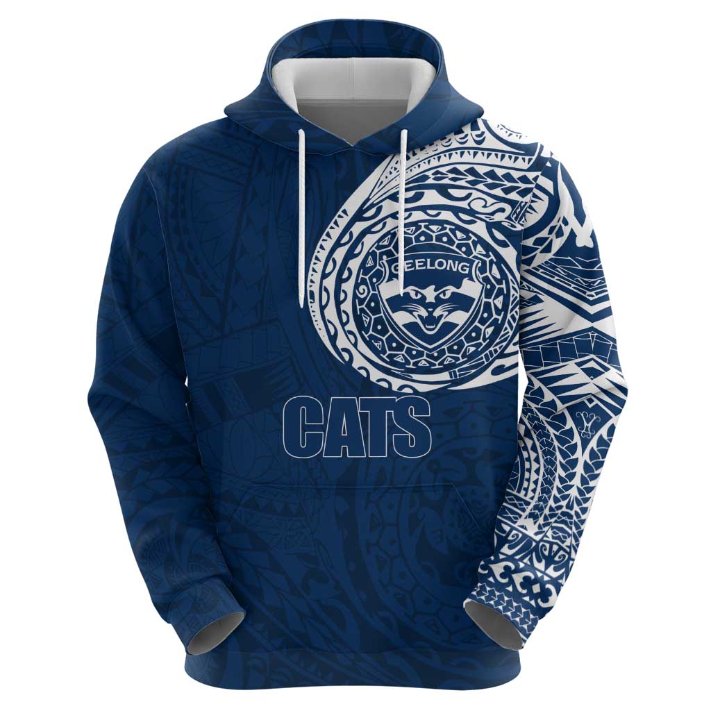 Personalized Geelong Cats Polynesian Zip Hoodie Tribal Chest and Sleeve Tattoo Heritage Warrior