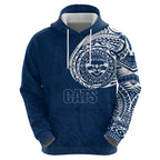 Personalized Geelong Cats Polynesian Zip Hoodie Tribal Chest and Sleeve Tattoo Heritage Warrior