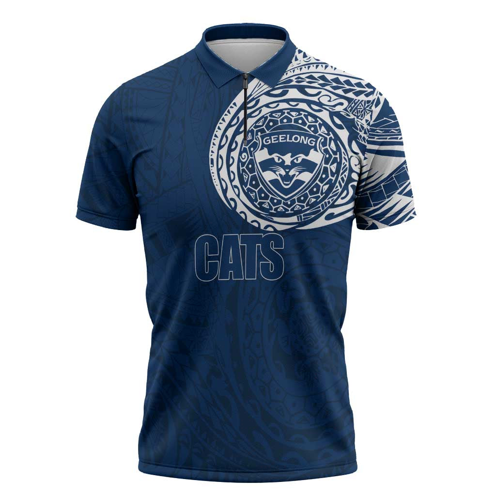 Personalized Geelong Cats Polynesian Zipper Polo Shirt Tribal Chest and Sleeve Tattoo Heritage Warrior