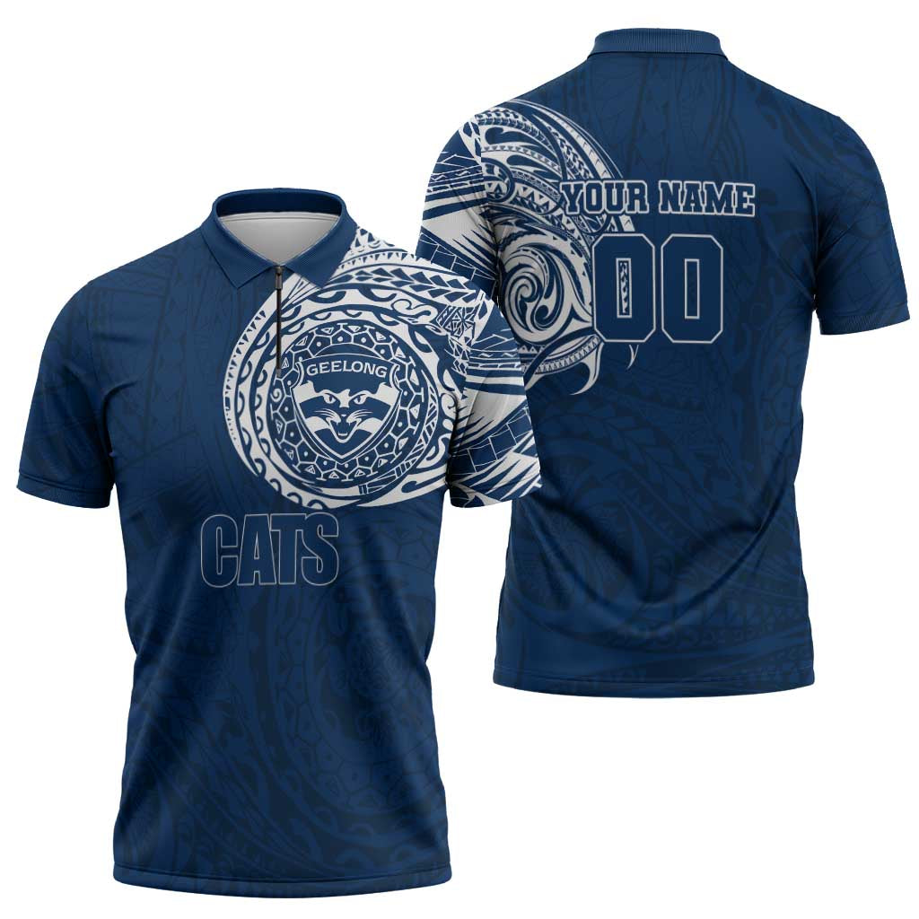 Personalized Geelong Cats Polynesian Zipper Polo Shirt Tribal Chest and Sleeve Tattoo Heritage Warrior