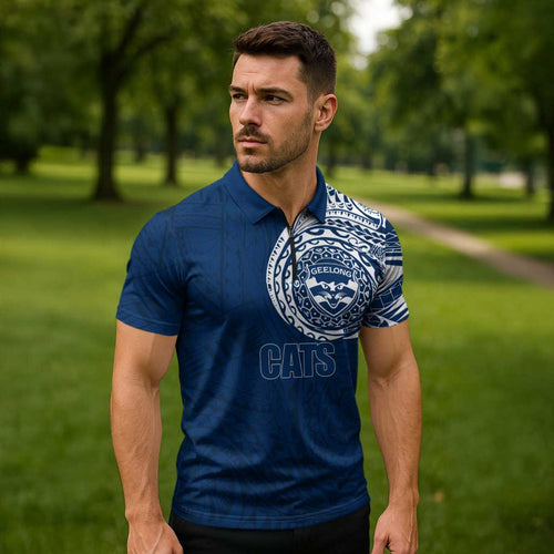 Personalized Geelong Cats Polynesian Zipper Polo Shirt Tribal Chest and Sleeve Tattoo Heritage Warrior