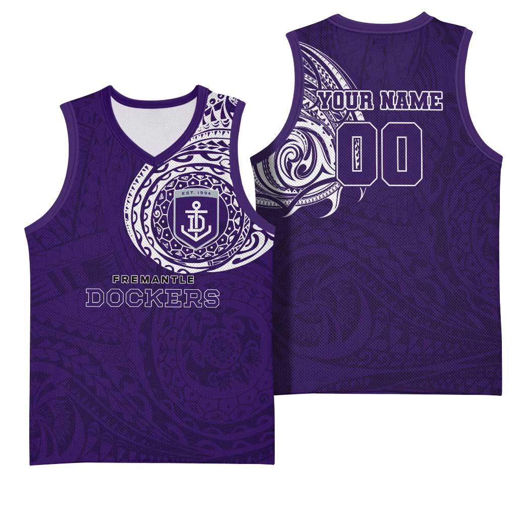 Personalized Fremantle Dockers Polynesian Basketball Jersey Tribal Chest and Sleeve Tattoo Heritage Warrior