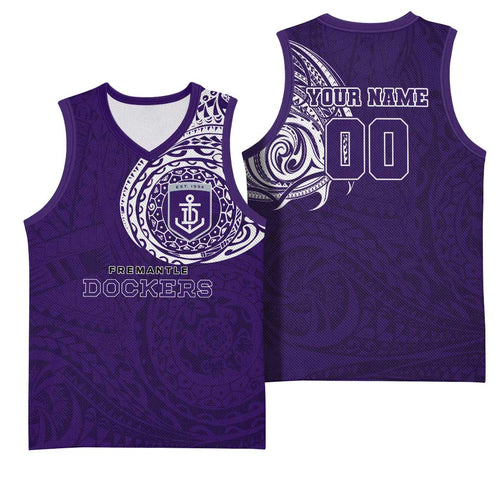 Personalized Fremantle Dockers Polynesian Basketball Jersey Tribal Chest and Sleeve Tattoo Heritage Warrior