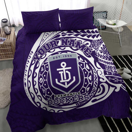Personalized Fremantle Dockers Polynesian Bedding Set Tribal Chest and Sleeve Tattoo Heritage Warrior
