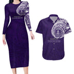 Personalized Fremantle Dockers Polynesian Couples Matching Long Sleeve Bodycon Dress and Hawaiian Shirt Tribal Chest and Sleeve Tattoo Heritage Warrior
