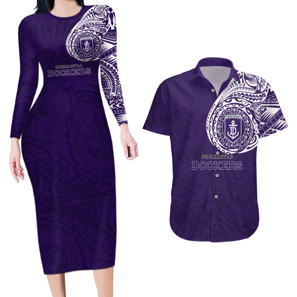 Personalized Fremantle Dockers Polynesian Couples Matching Long Sleeve Bodycon Dress and Hawaiian Shirt Tribal Chest and Sleeve Tattoo Heritage Warrior