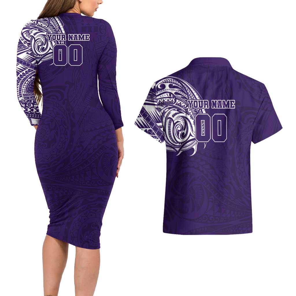 Personalized Fremantle Dockers Polynesian Couples Matching Long Sleeve Bodycon Dress and Hawaiian Shirt Tribal Chest and Sleeve Tattoo Heritage Warrior