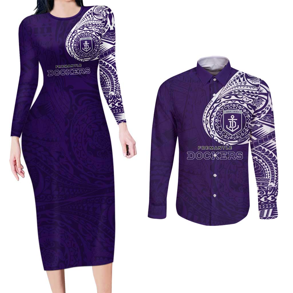 Personalized Fremantle Dockers Polynesian Couples Matching Long Sleeve Bodycon Dress and Long Sleeve Button Shirt Tribal Chest and Sleeve Tattoo Heritage Warrior