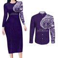 Personalized Fremantle Dockers Polynesian Couples Matching Long Sleeve Bodycon Dress and Long Sleeve Button Shirt Tribal Chest and Sleeve Tattoo Heritage Warrior