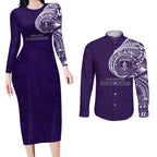 Personalized Fremantle Dockers Polynesian Couples Matching Long Sleeve Bodycon Dress and Long Sleeve Button Shirt Tribal Chest and Sleeve Tattoo Heritage Warrior