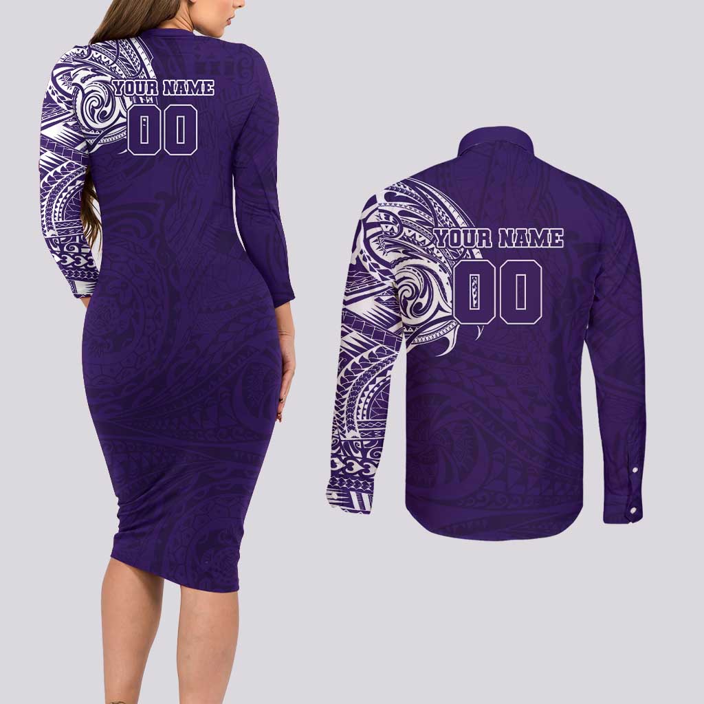 Personalized Fremantle Dockers Polynesian Couples Matching Long Sleeve Bodycon Dress and Long Sleeve Button Shirt Tribal Chest and Sleeve Tattoo Heritage Warrior