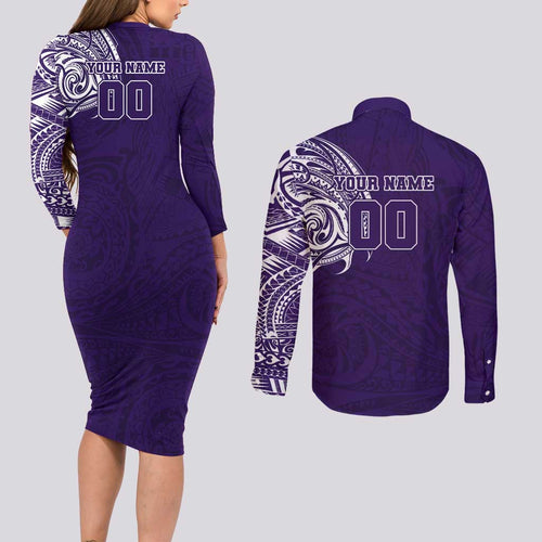 Personalized Fremantle Dockers Polynesian Couples Matching Long Sleeve Bodycon Dress and Long Sleeve Button Shirt Tribal Chest and Sleeve Tattoo Heritage Warrior