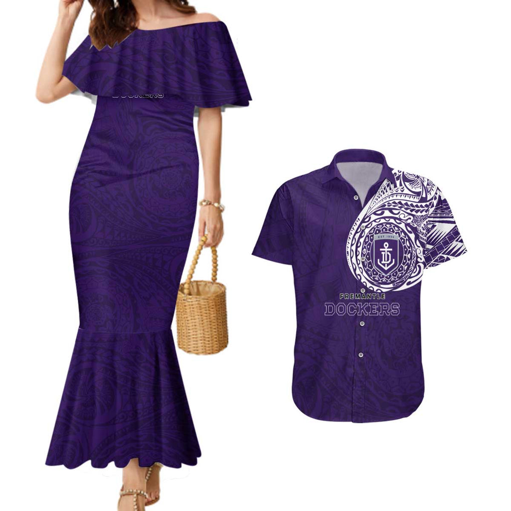 Personalized Fremantle Dockers Polynesian Couples Matching Mermaid Dress and Hawaiian Shirt Tribal Chest and Sleeve Tattoo Heritage Warrior