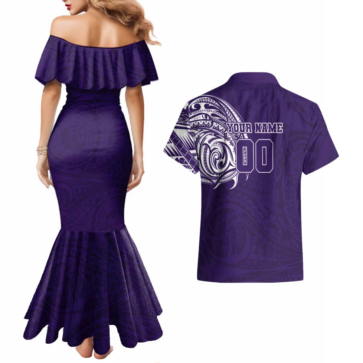Personalized Fremantle Dockers Polynesian Couples Matching Mermaid Dress and Hawaiian Shirt Tribal Chest and Sleeve Tattoo Heritage Warrior