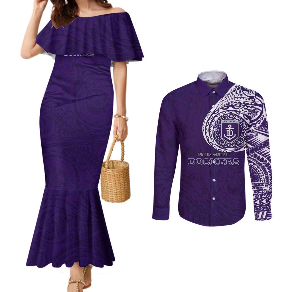Personalized Fremantle Dockers Polynesian Couples Matching Mermaid Dress and Long Sleeve Button Shirt Tribal Chest and Sleeve Tattoo Heritage Warrior