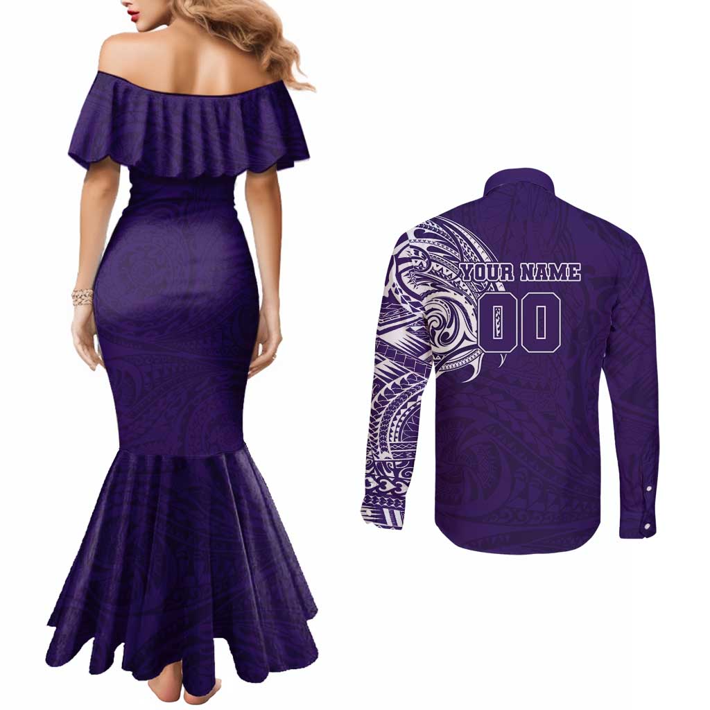 Personalized Fremantle Dockers Polynesian Couples Matching Mermaid Dress and Long Sleeve Button Shirt Tribal Chest and Sleeve Tattoo Heritage Warrior