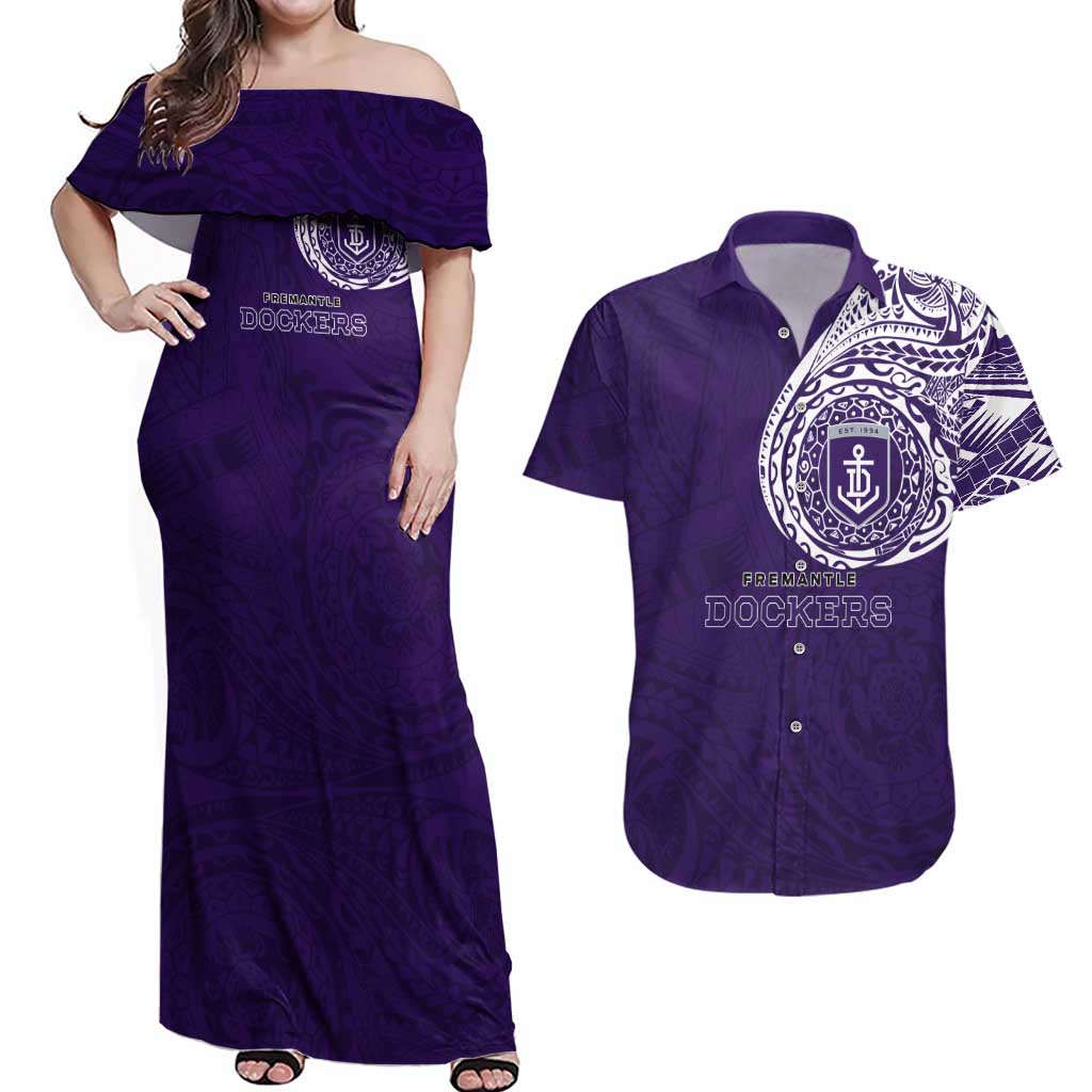 Personalized Fremantle Dockers Polynesian Couples Matching Off Shoulder Maxi Dress and Hawaiian Shirt Tribal Chest and Sleeve Tattoo Heritage Warrior