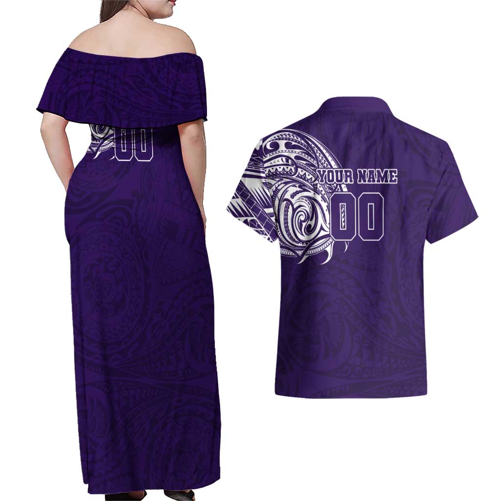Personalized Fremantle Dockers Polynesian Couples Matching Off Shoulder Maxi Dress and Hawaiian Shirt Tribal Chest and Sleeve Tattoo Heritage Warrior