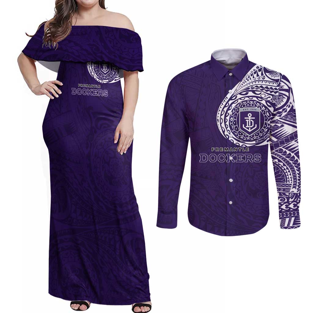 Personalized Fremantle Dockers Polynesian Couples Matching Off Shoulder Maxi Dress and Long Sleeve Button Shirt Tribal Chest and Sleeve Tattoo Heritage Warrior