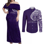 Personalized Fremantle Dockers Polynesian Couples Matching Off Shoulder Maxi Dress and Long Sleeve Button Shirt Tribal Chest and Sleeve Tattoo Heritage Warrior