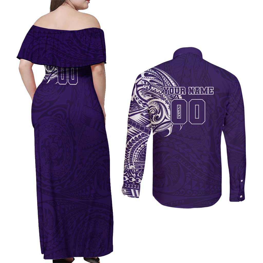 Personalized Fremantle Dockers Polynesian Couples Matching Off Shoulder Maxi Dress and Long Sleeve Button Shirt Tribal Chest and Sleeve Tattoo Heritage Warrior