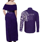 Personalized Fremantle Dockers Polynesian Couples Matching Off Shoulder Maxi Dress and Long Sleeve Button Shirt Tribal Chest and Sleeve Tattoo Heritage Warrior