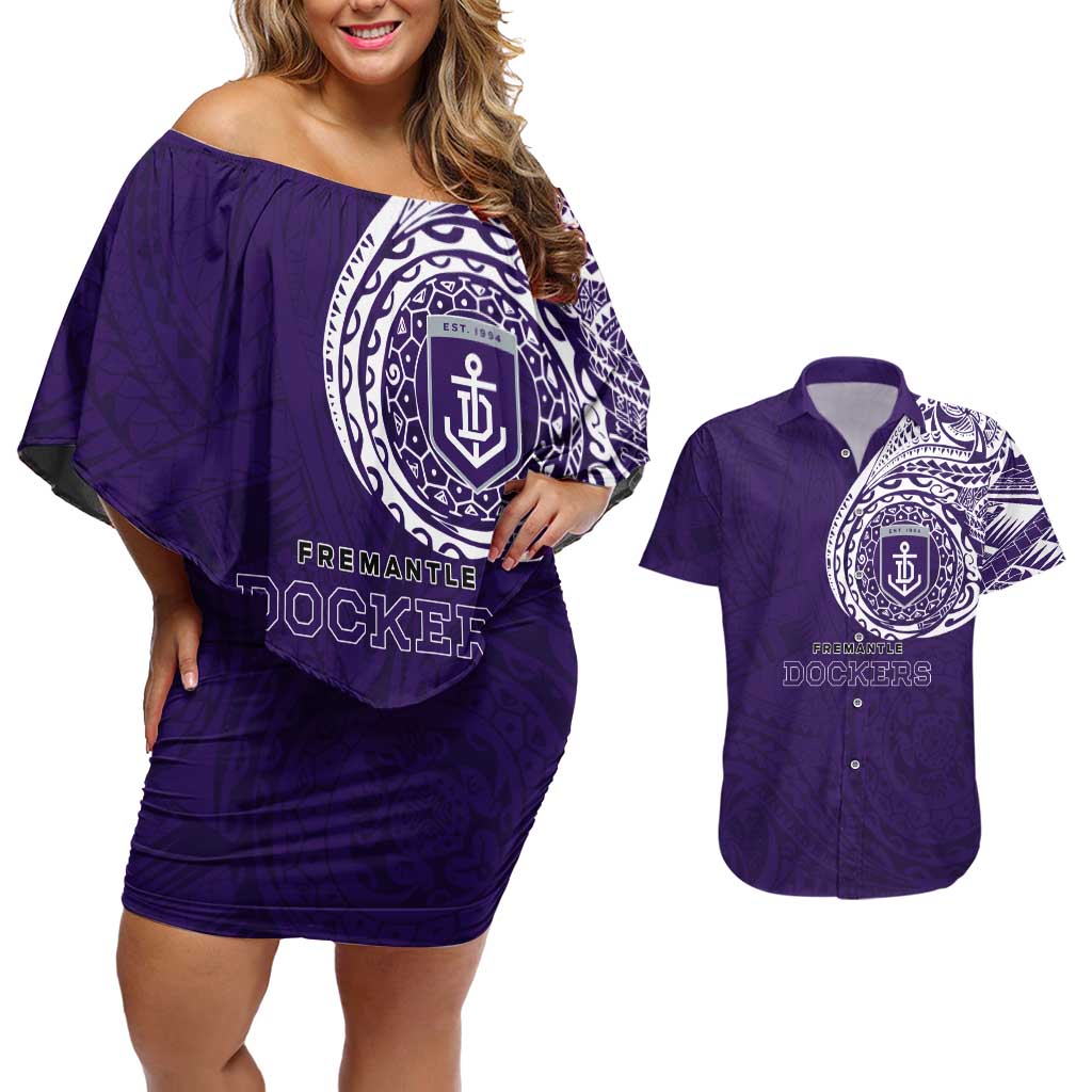 Personalized Fremantle Dockers Polynesian Couples Matching Off Shoulder Short Dress and Hawaiian Shirt Tribal Chest and Sleeve Tattoo Heritage Warrior