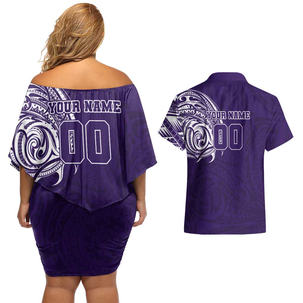 Personalized Fremantle Dockers Polynesian Couples Matching Off Shoulder Short Dress and Hawaiian Shirt Tribal Chest and Sleeve Tattoo Heritage Warrior