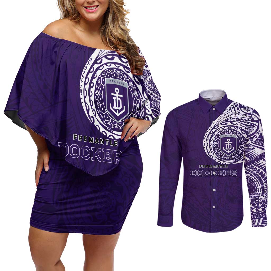 Personalized Fremantle Dockers Polynesian Couples Matching Off Shoulder Short Dress and Long Sleeve Button Shirt Tribal Chest and Sleeve Tattoo Heritage Warrior