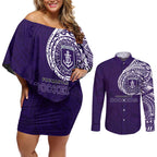 Personalized Fremantle Dockers Polynesian Couples Matching Off Shoulder Short Dress and Long Sleeve Button Shirt Tribal Chest and Sleeve Tattoo Heritage Warrior