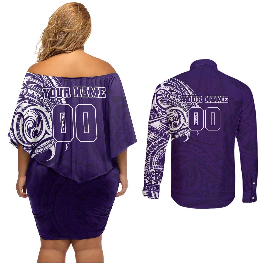Personalized Fremantle Dockers Polynesian Couples Matching Off Shoulder Short Dress and Long Sleeve Button Shirt Tribal Chest and Sleeve Tattoo Heritage Warrior