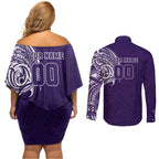 Personalized Fremantle Dockers Polynesian Couples Matching Off Shoulder Short Dress and Long Sleeve Button Shirt Tribal Chest and Sleeve Tattoo Heritage Warrior